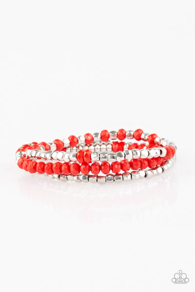 Paparazzi Very Vivacious - Red - and Silver Beads - Set of 3 Bracelets