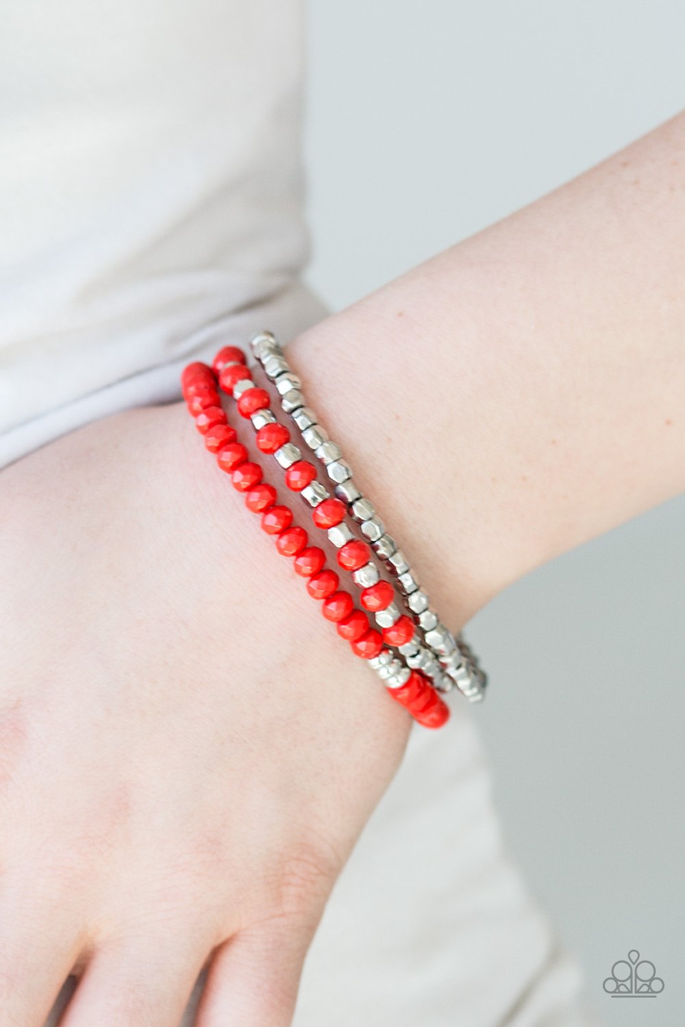 Paparazzi Very Vivacious - Red - and Silver Beads - Set of 3 Bracelets